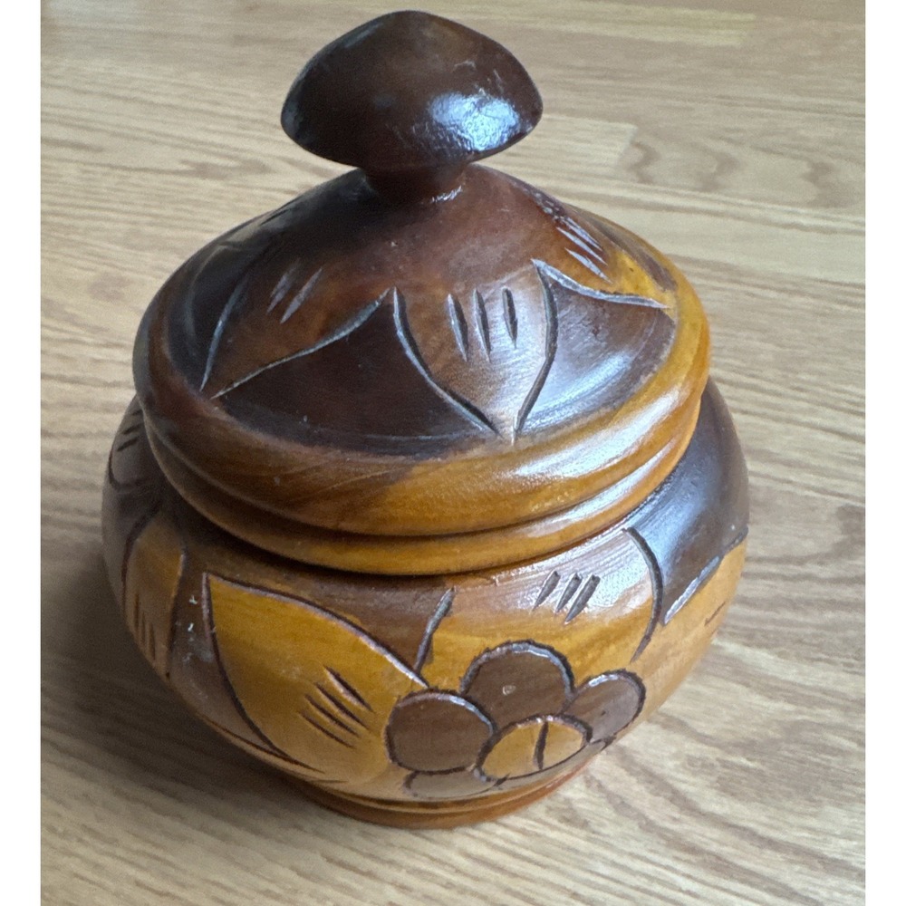 Hand Carved Wood Trinket Box W/‎ Lid Floral 2-Toned Handmade Craftsmanship